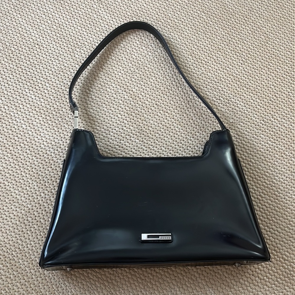 Y2K 90s Vintage Guess Black Patent Silver Structured Shoulder Bag